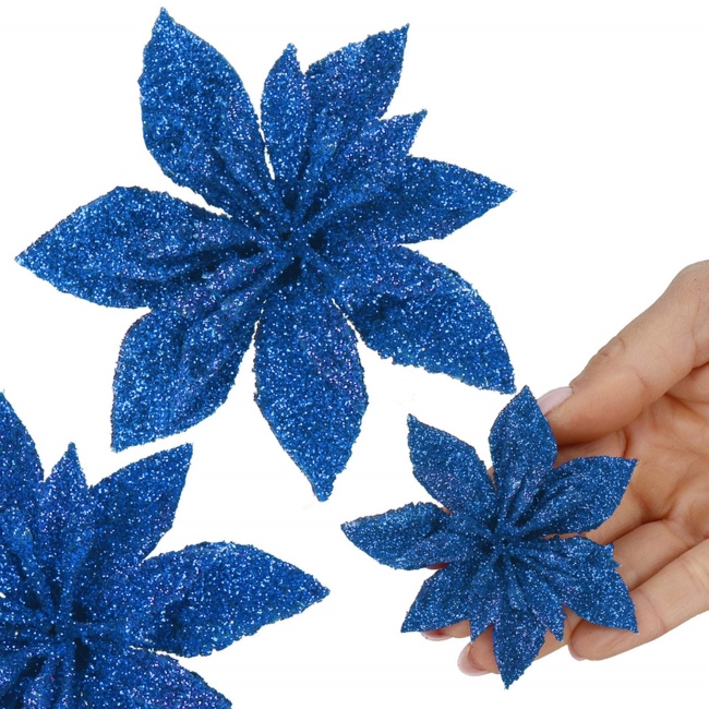 Gwiazda betlejemska, sztuczny kwiat poinsecja niebieski z brokatem