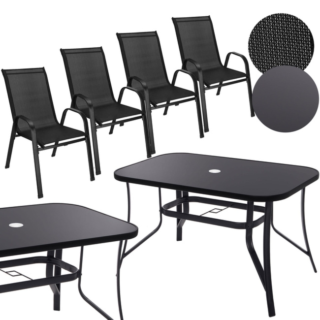 Meble ogrodowe metalowe zestaw dla 4 osób stół 120 cm szkło hartowane i 4 krzesła czarne