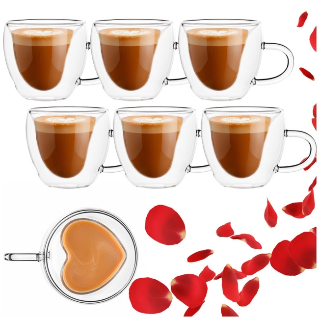 Szklanki termiczne do kawy 6 szt. 220 ml filiżanka na herbatę, serce, z podwójnym dnem