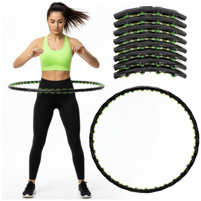 Hula hop z wypustkami masującymi 88 cm obręcz fitness, składana, czarno-zielone