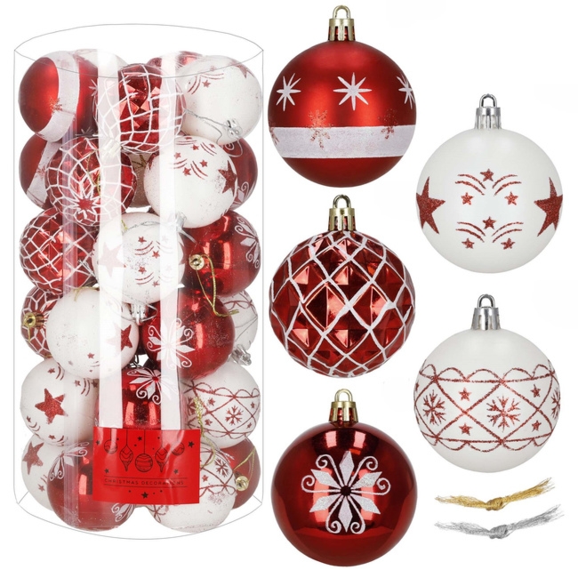 Bombki na choinkę, dekorację choinkowe, świąteczne 30 szt. nietłukące, biało-czerwone