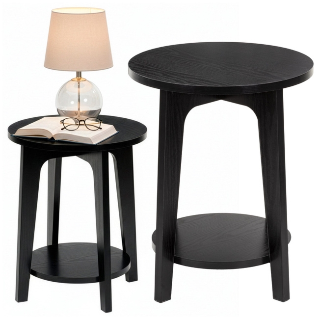 Stolik kawowy okrągły śr. 40 cm z dodatkową półką, do salonu, sypialni loft czarny