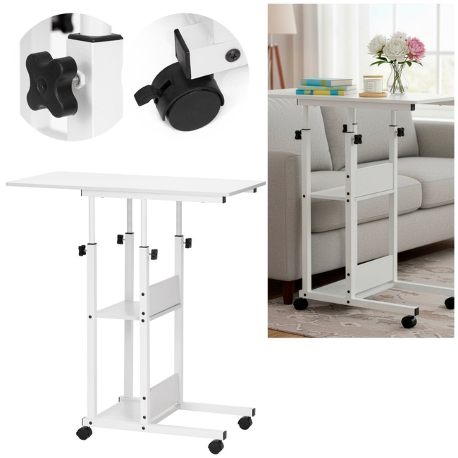 Stolik na kółkach regulowany 76-86 cm biurko mobilne pod laptopa biały