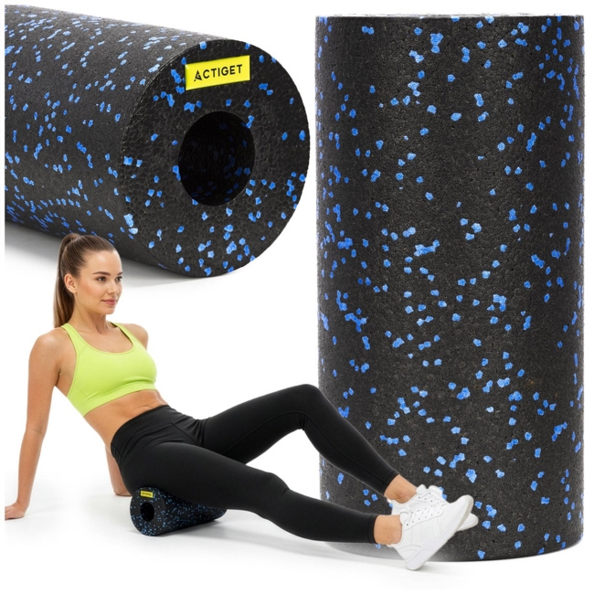 Roller do masażu, ćwiczeń, wałek piankowy średnio twardy czarno-niebieski