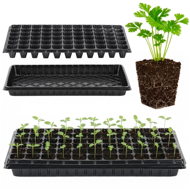 Wielodoniczka z tacką 54x28 cm minidoniczki do wysiewu 66szt. rozsadnik, czarny