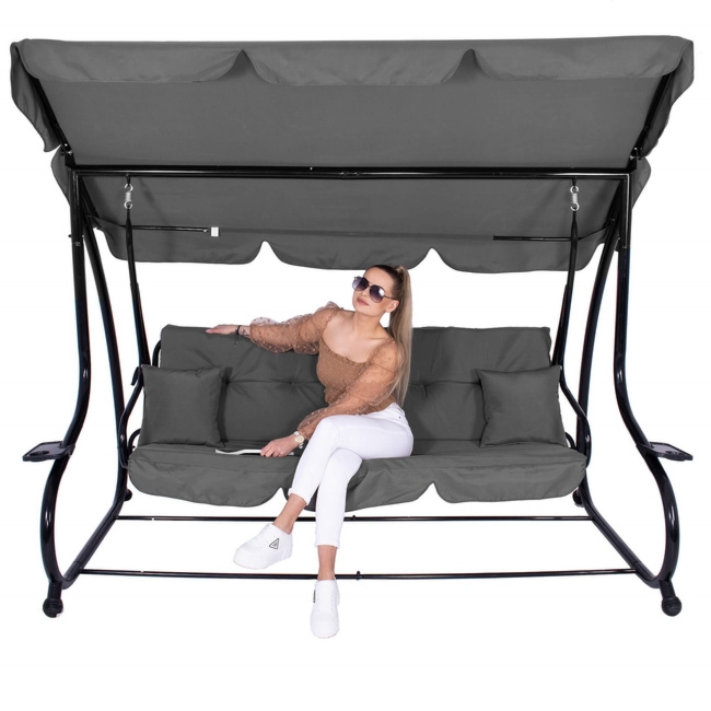 Huśtawka ogrodowa linda 4 osobowa 300 kg stalowa z regulowanym daszkiem szara