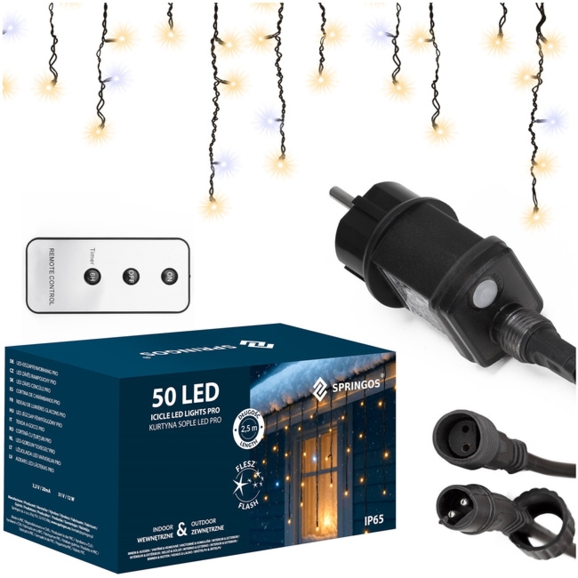 Kurtyna świetlna PRO 50 LED sople 2,5m IP65 lampki zewnętrzne ciepły biały + zimny biały flash, pilot z funkcją timer