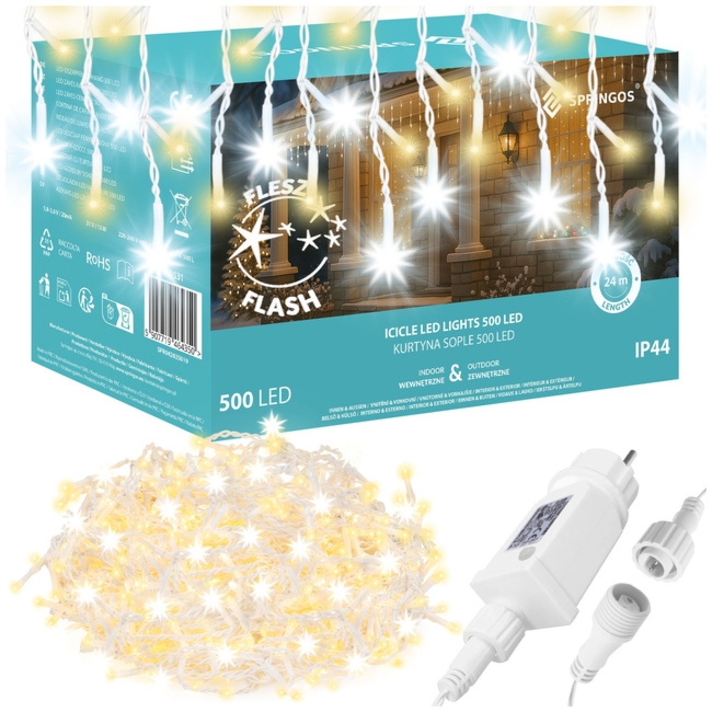 Kurtyna świetlna 500 led girlanda, lampki wewnętrzno-zewnętrzne 24 m sople biały ciepły + flash