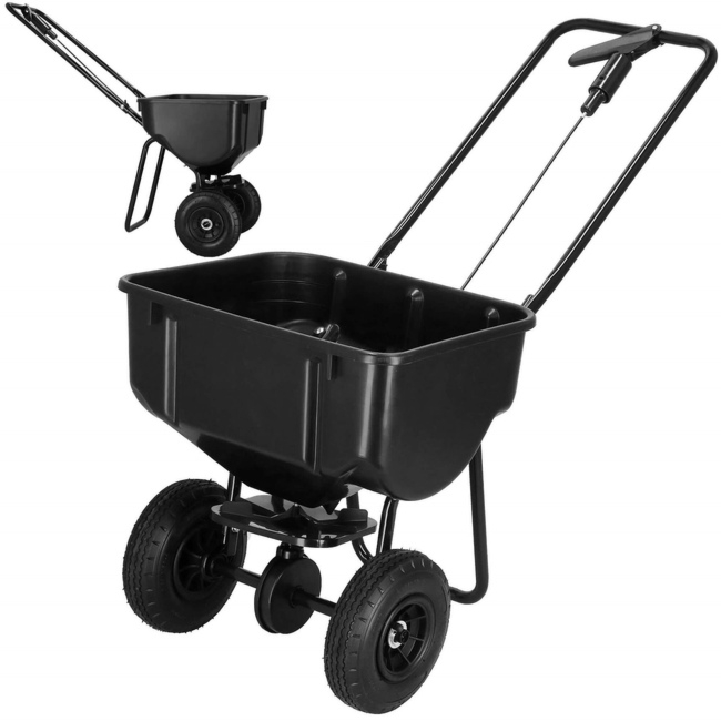Siewnik ogrodowy na kółkach rozsiewacz nasion trawy, nawozu 25 kg czarny