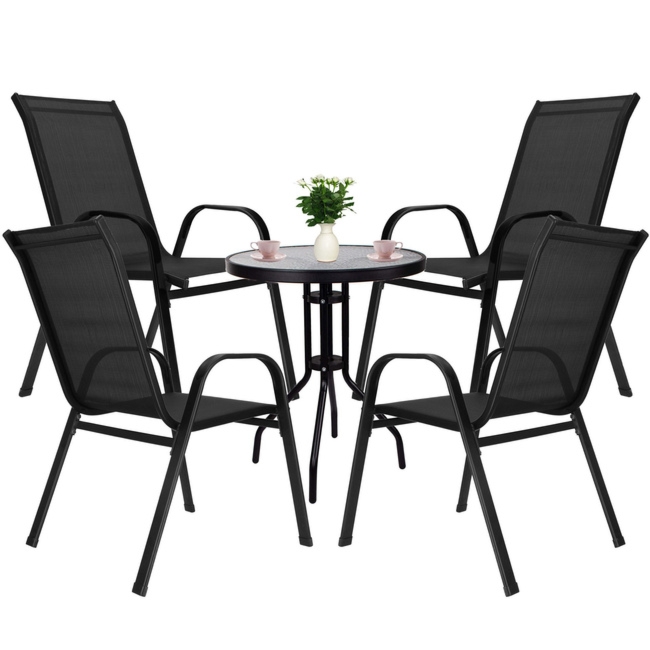 Meble ogrodowe 4 krzesła metalowe i stół ze szkła hartowanego na taras balkon czarne