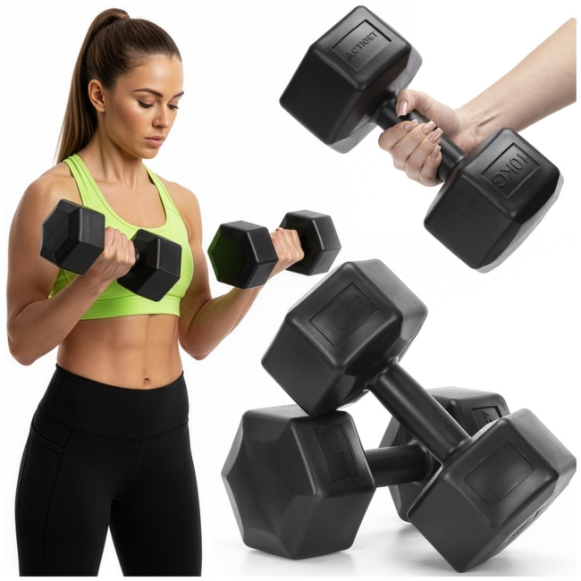 Ciężarki 2x10 kg hexagonalne do ćwiczeń fitness hantle zestaw 2 szt. czarne