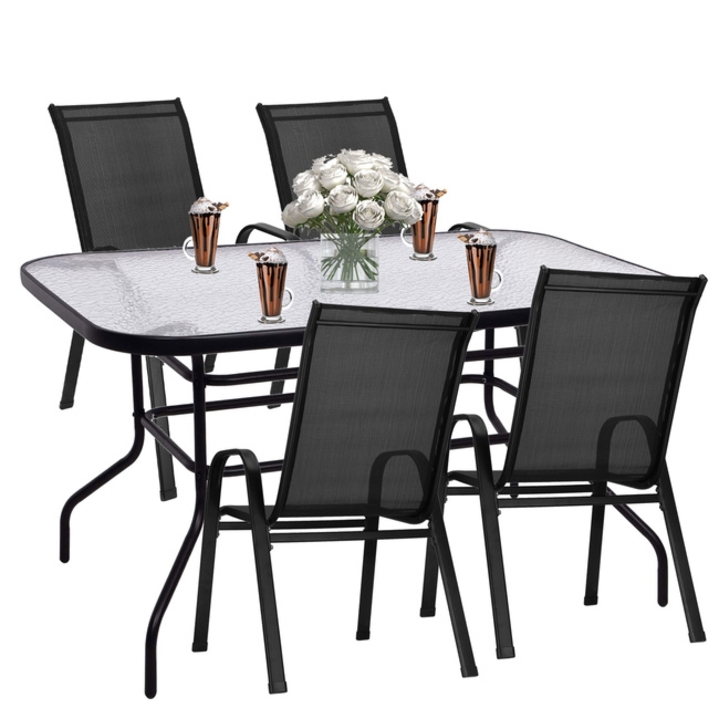 Meble ogrodowe, metalowe zestaw dla 4 osób stół 120 cm szkło hartowane i 4 krzesła czarne