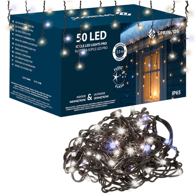 Kurtyna świetlna 50 Led lampki zewnętrzne sople 2,5 m zimny biały + zimny biały flash