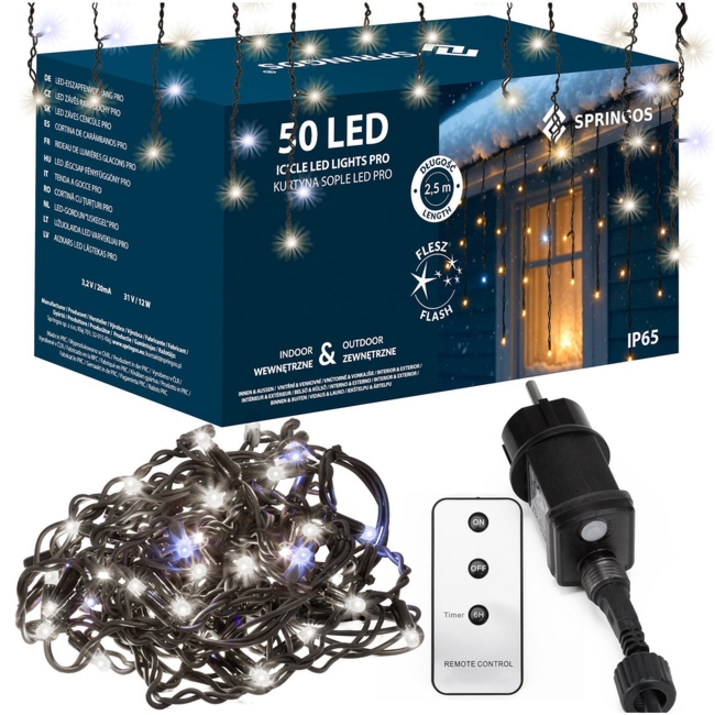 Kurtyna świetlna PRO 500 Led lampki zewnętrzne 25 m z pilotem zimny biały + zimny biały flash