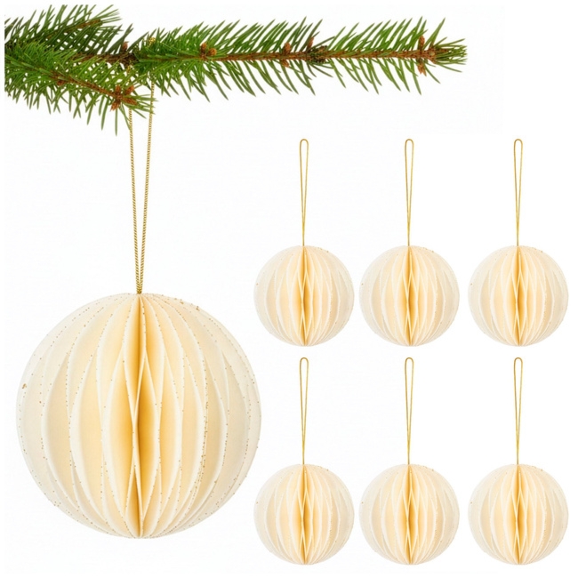 Papierowe bombki 6 szt. zawieszki choinkowe, ozdoby świąteczne 8 cm rozkładane, biały