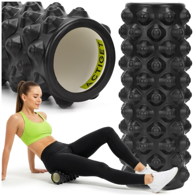 Roller do masażu z wypustkami, wałek piankowy, masażer średnio twardy, czarny