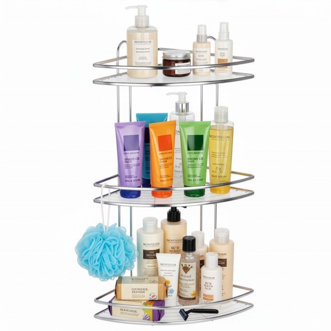 Półka łazienkowa narożna pod prysznic 3 poziomy, wisząca, srebrna