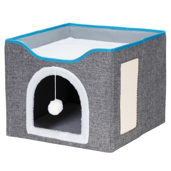 Legowisko dla kota z zabawką i drapakiem 42x41x34 cm koci domek, posłanie szare