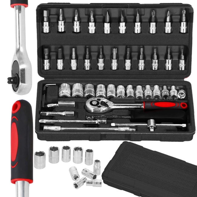 Narzędzia warsztatowe, zestaw 46 el. klucze nasadowe z stali hartowanej w walizce