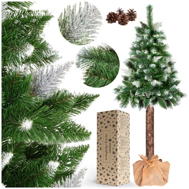 Choinka na pniu 140 cm sztuczna sosna diamentowa ośnieżona premium ze stojakiem i jutą