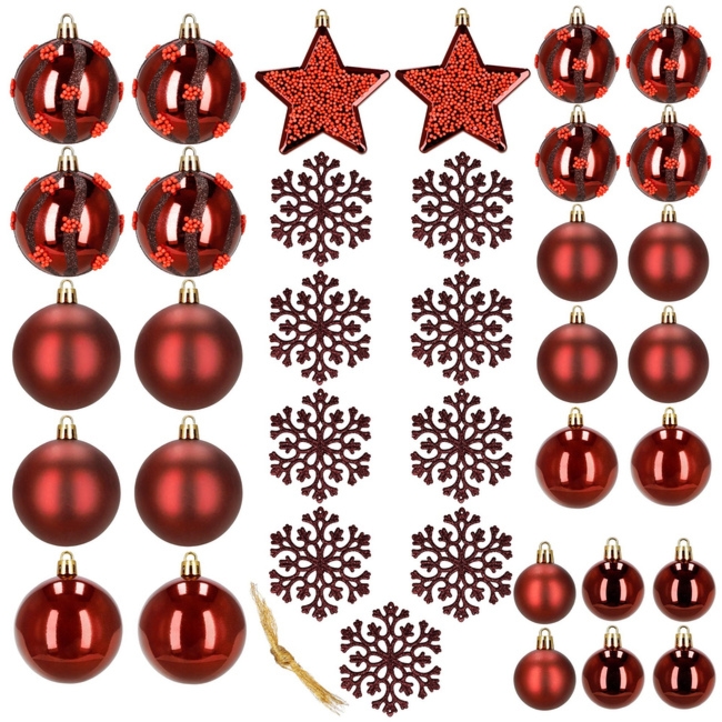 Bombki choinkowe 40 szt. zestaw bombki, gwiazdy i śnieżynki, nietłukące bordowo-czerwone