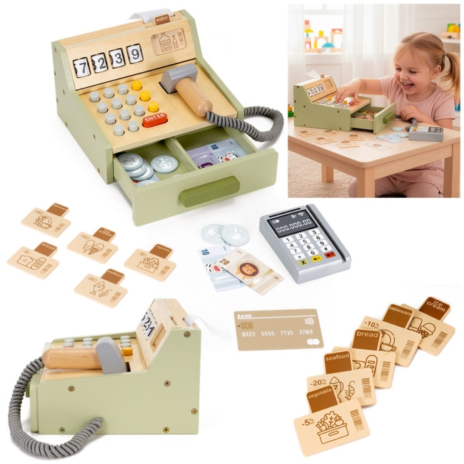 Kasa sklepowa, drewniana zabawka dla dzieci, terminal kart, banknoty, multikolor