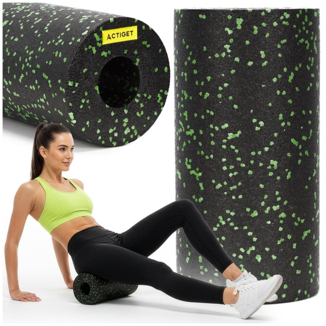 Roller do masażu, ćwiczeń, wałek piankowy średnio twardy czarno-zielony