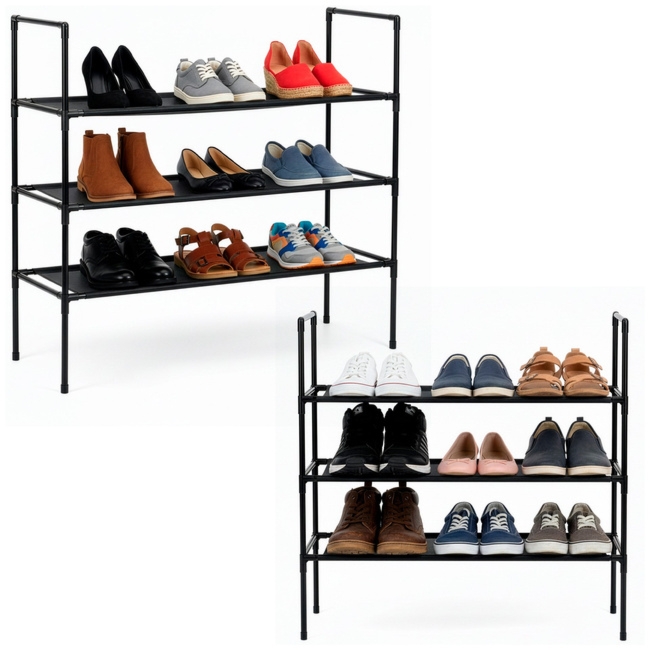 Regał na buty 3 poziomy szafka metalowa z półkami na obuwie 70x72x28 cm czarna