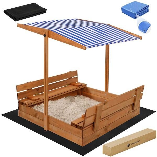 Piaskownica drewniana, zamykana z ławkami i daszkiem 120x120 cm plandeka, włóknina, biało-niebieskie pasy