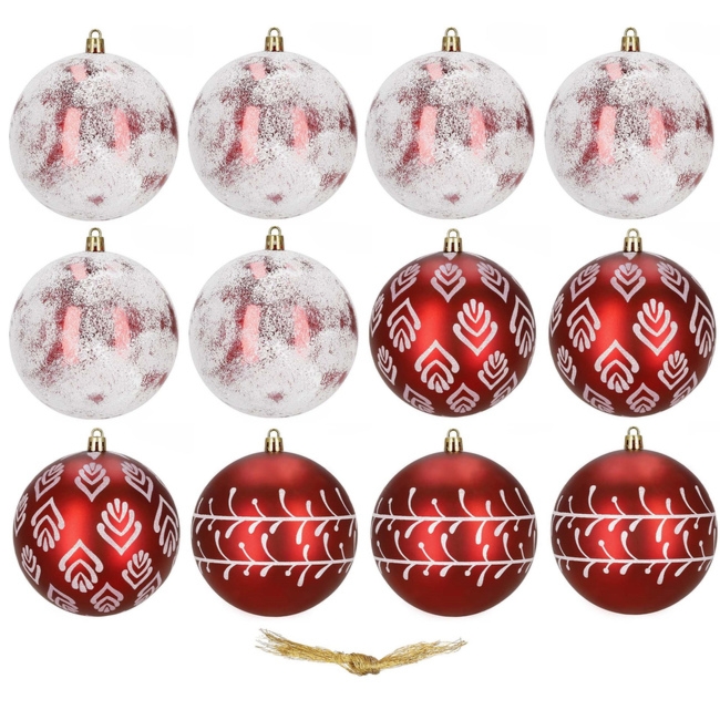 Bombki choinkowe 11 cm 12 szt. zestaw ozdoby świąteczne zdobione czerwone białe