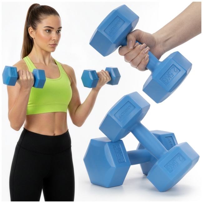 Ciężarki 2x2,5kg hexagonalne do ćwiczeń fitness hantle zestaw 2 szt. niebieskie