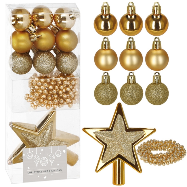 Bombki choinkowe 11 szt. zestaw gwiazda, łańcuch koraliki bombki okrągłe, brokatowe złote