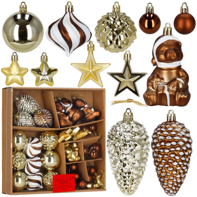 Bombki choinkowe 47 szt. zestaw dekoracji świątecznych, nietłukące, brązowy, złoty, biały