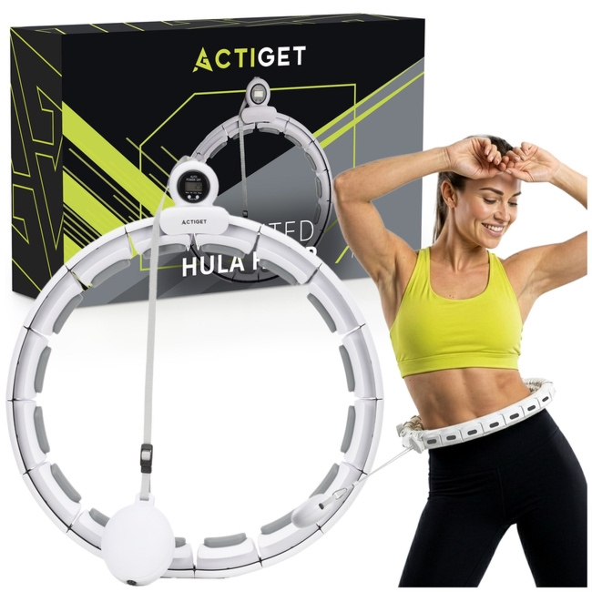 Hula hop z obciążeniem 16 elementów składane, z wypustkami i licznikiem fitness, biało-szare