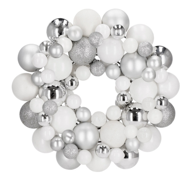 Wieniec świąteczny z bombek, wianek na drzwi 34 cm stroik, srebrny