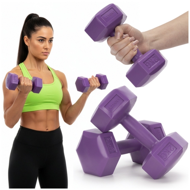 Ciężarki 2x2kg hexagonalne do ćwiczeń fitness hantle zestaw 2 szt. fioletowe