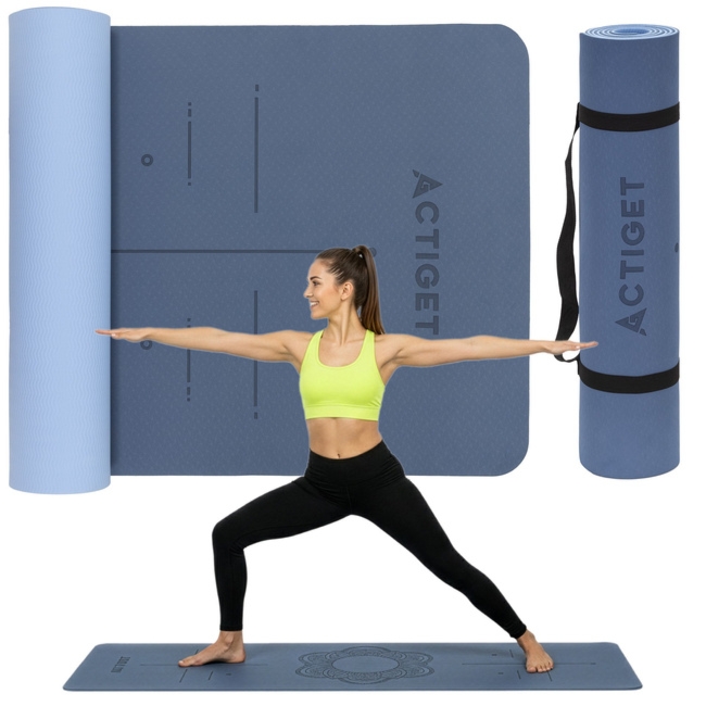Mata do ćwiczeń 183x61 cm antypoślizgowa TPE do jogi, stretchingu z uchwytem niebieska