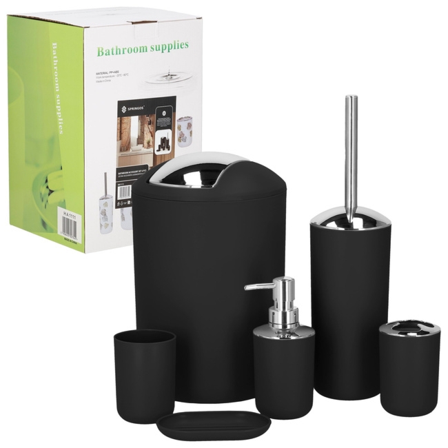 Zestaw łazienkowy 6w1 akcesoria do wc łazienki loft szczotka kubki kosz dozownik czarny
