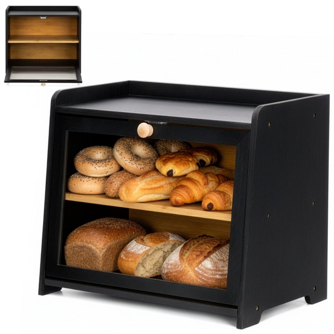 Chlebak bambusowy duży zamykany dwupoziomowy z okienkiem szafka na pieczywo czarna