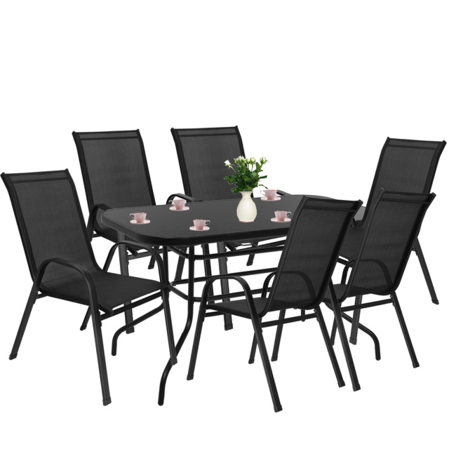 Meble ogrodowe, metalowe zestaw dla 6 osób stół 140 cm szkło hartowane i 6 krzeseł czarne