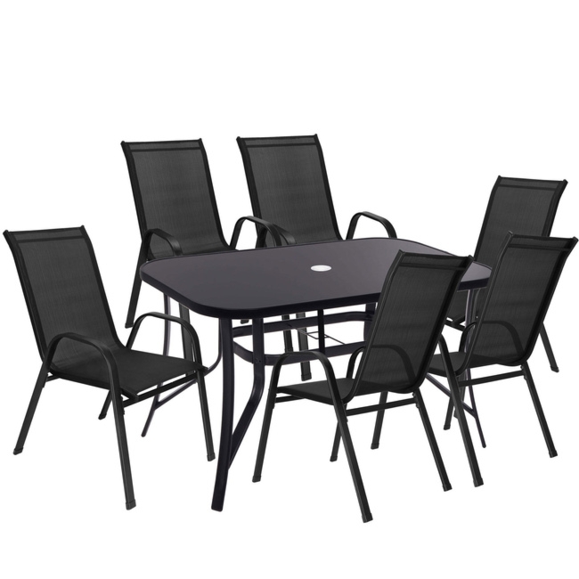 Meble ogrodowe metalowe zestaw stół 150 cm szkło hartowane i 6 krzeseł na taras czarne