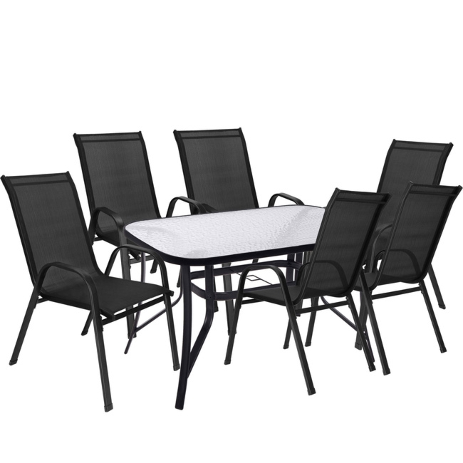 Meble ogrodowe 6 krzeseł metalowych, stół ze szkłem hartowanym komplet na taras czarny