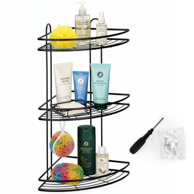 Półka łazienkowa narożna pod prysznic 3 poziomy, wisząca, czarna
