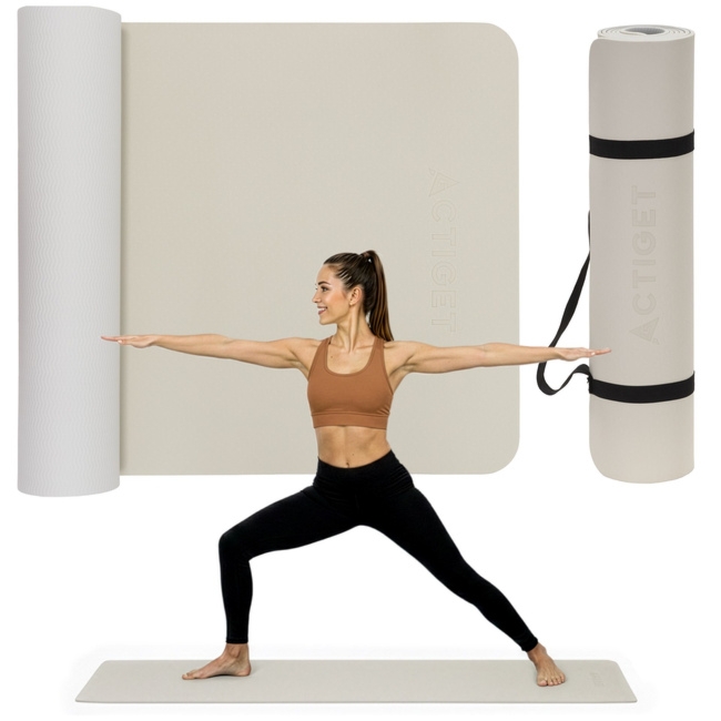 Mata do jogi, ćwiczeń fitness 183x61 cm antypoślizgowa, materac do stretchingu, jasny beż