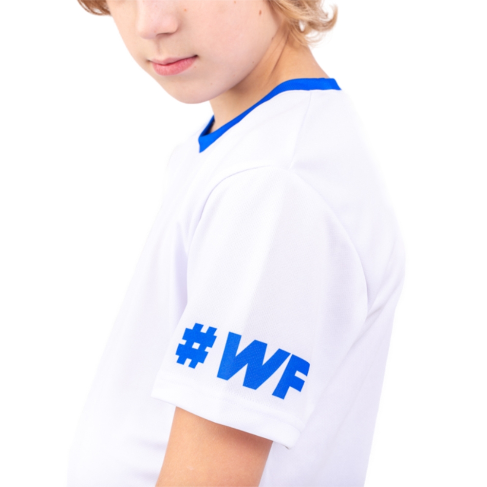Koszulka sportowa dla dzieci biało niebieska WF - 134-140