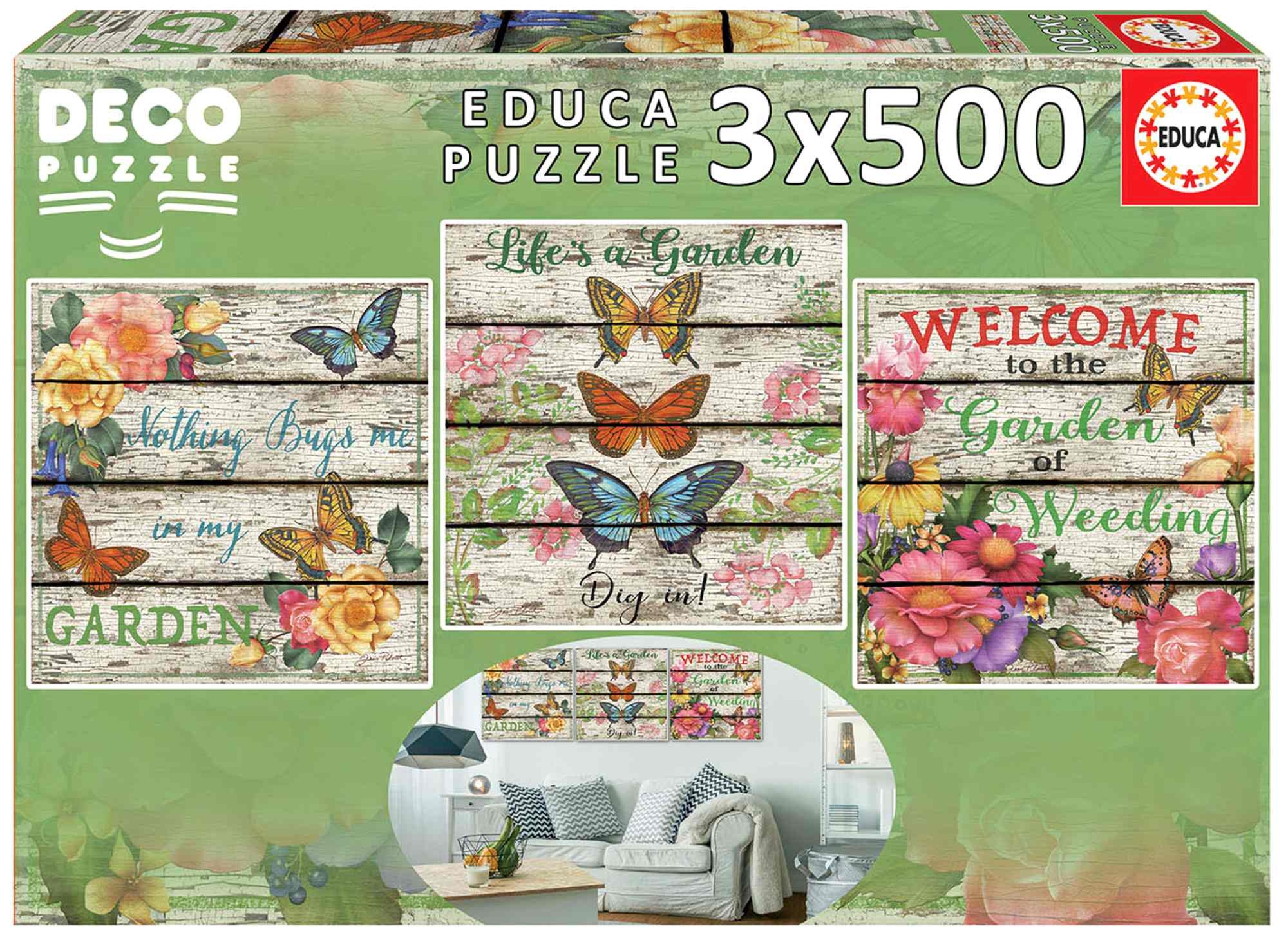 Puzzle 3x500 el. Kwiaty i motyle