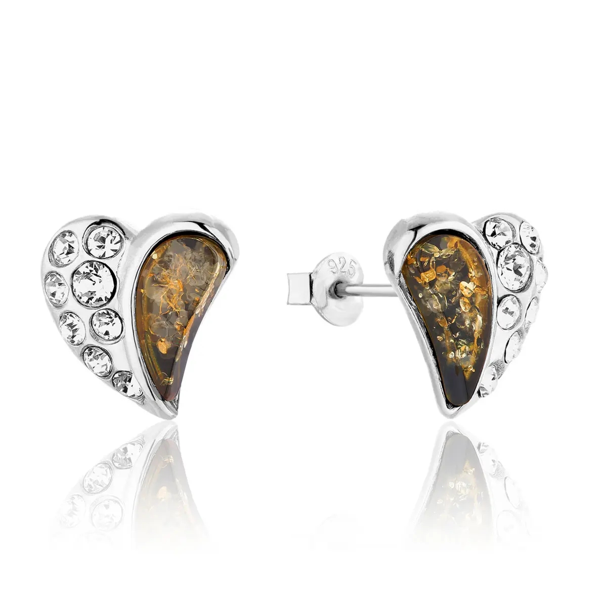 Kolczyki srebrne serduszka z zielonym bursztynem Hearts