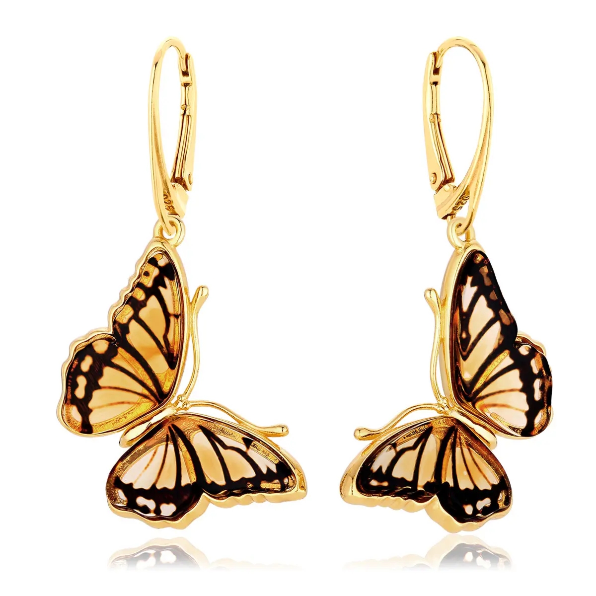 Kolczyki wiszące srebrne pozłacane motyle z bursztynem Butterfly Kiss