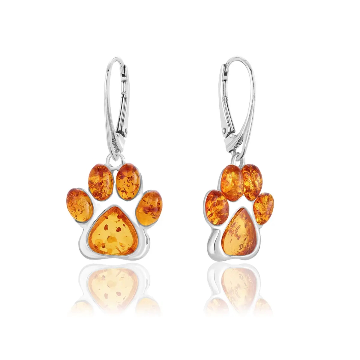 Kolczyki srebrne łapki z bursztynem Paws - koniakowy