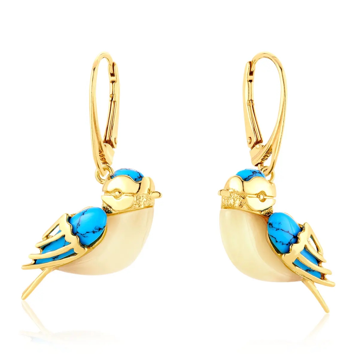 Kolczyki wiszące srebrne pozłacane ptaszki sikorki z mlecznym bursztynem